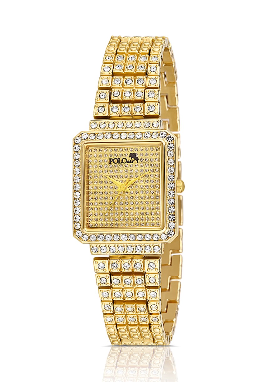 Bol Taşlı Kare Vintage Kadın Kol Saati Zirkon Taşlı Bileklik Kombin Altın Renk PL-1447B1