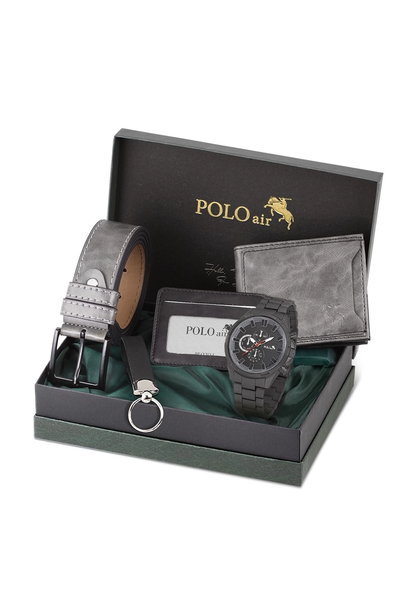 Cüzdan Kartlık Kemer Saat Anahtarlık Set Gri Renk PL-0777E5