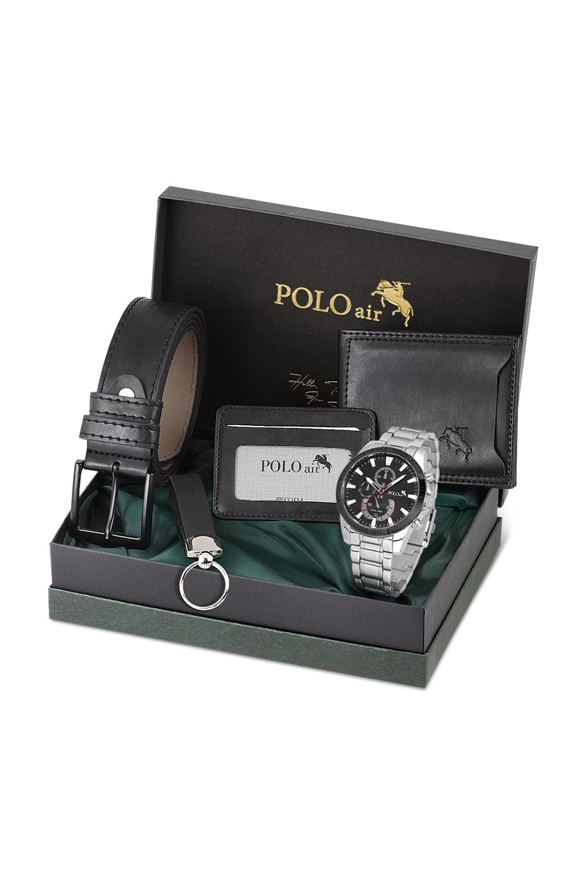 Cüzdan Kartlık Kemer Saat Anahtarlık Set Siyah-Gümüş Renk PL-0775E3