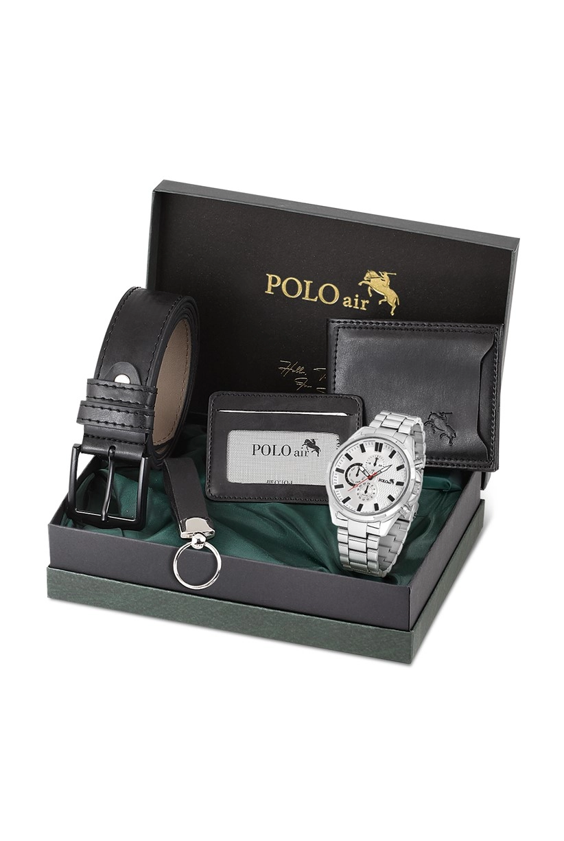 Cüzdan Kartlık Kemer Saat Anahtarlık Siyah Set Gümmüş Saat PL-0777E3