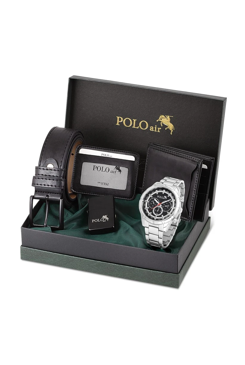 Cüzdan Kartlık Kemer Saat Çakmak Set Gümüş-Siyah PL-0774E7