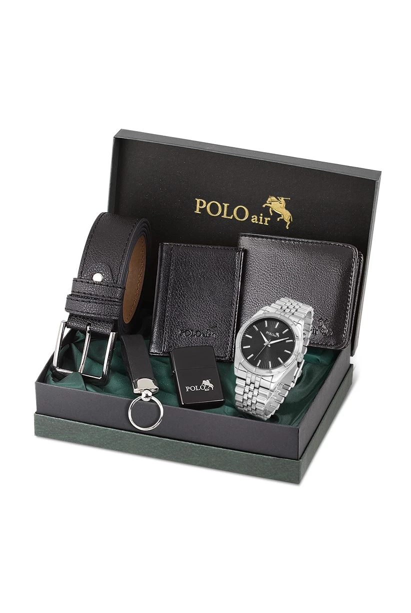 Erkek Kol Saati Kemer Cüzdan Kartlık Çakmak Anahtarlık Siyah-Gümüş Set PL-0782E4 PL-0782E4