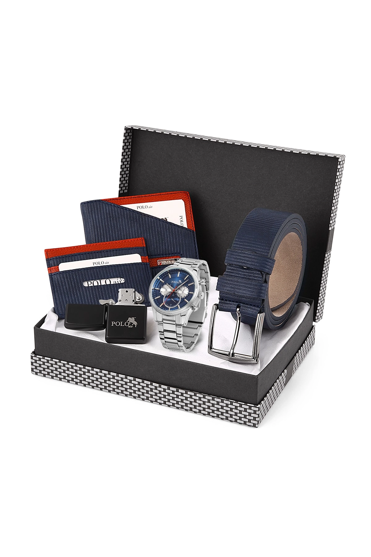 Erkek Set Kombin Kol Saati Kemer Cüzdan Kartlık Çakmak Özel Kutusunda Lacivert Set PL-0671E6