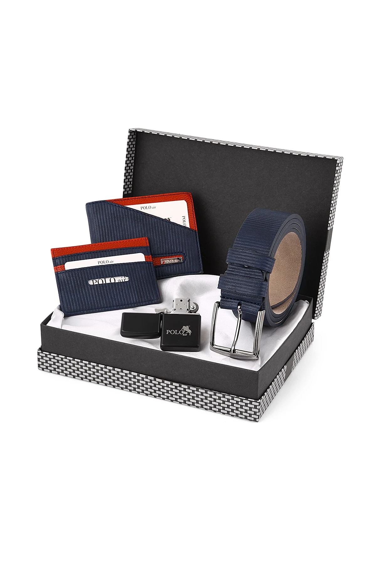 Erkek Set Kombin Kol Saati Kemer Cüzdan Kartlık Çakmak Özel Kutusunda Lacivert Set PL-0671E6