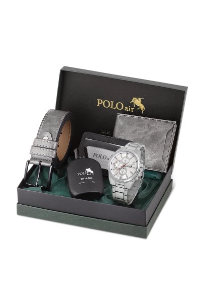 Cüzdan Kartlık Kemer Parfüm Saat Seti Gri Renk PL-0780E4 PL-0780E4
