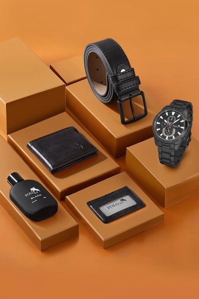 Cüzdan Kartlık Kemer Parfüm Saat Seti Siyah Renk PL-0776E1