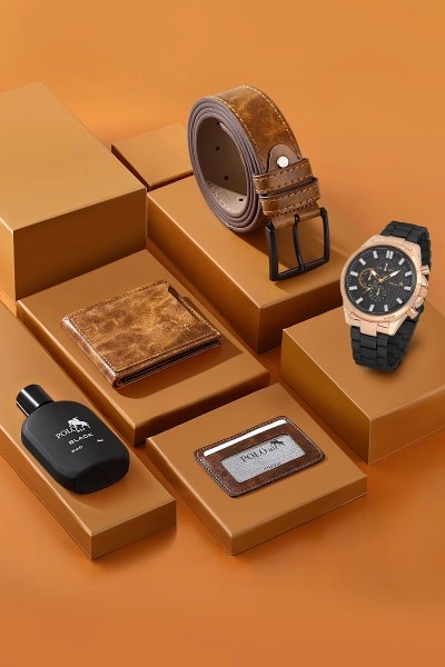 Cüzdan Kartlık Kemer Parfüm Saat Seti Taba Renk PL-0778E6 PL-0778E6