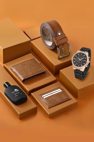 Cüzdan Kartlık Kemer Parfüm Saat Seti Taba Renk PL-0786E6 PL-0786E6