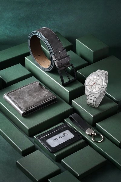 Cüzdan Kartlık Kemer Saat Anahtarlık Set Gri Renk PL-0779E4