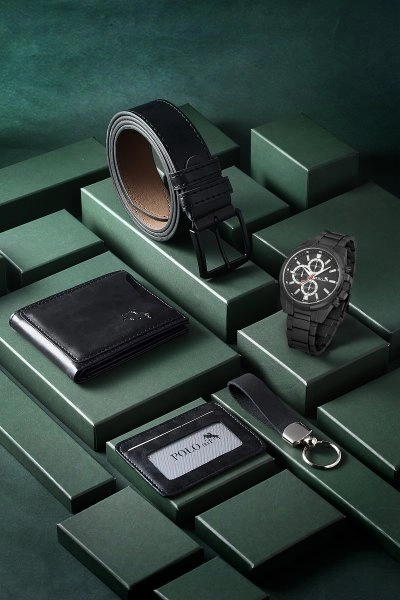 Cüzdan Kartlık Kemer Saat Anahtarlık Set Siyah Renk PL-0779E1