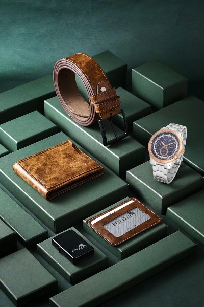 Cüzdan Kartlık Kemer Saat Çakmak Set Taba Renk PL-0774E6