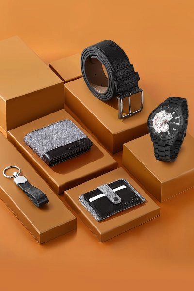 Erkek Kol Saati Kemer Cüzdan Kartlık Anahtarlık Kombin Set Gri Renk PL-0789E5 PL-0789E5