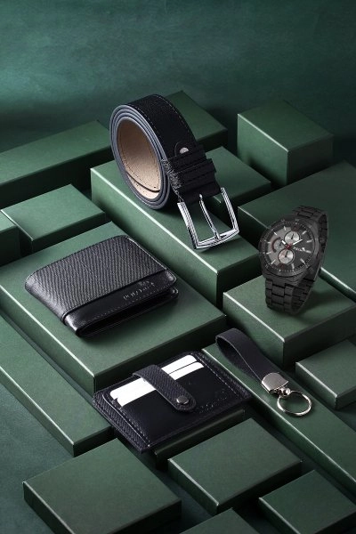 Erkek Kol Saati Kemer Cüzdan Kartlık Anahtarlık Kombin Set Siyah Renk PL-0789E1 PL-0789E1