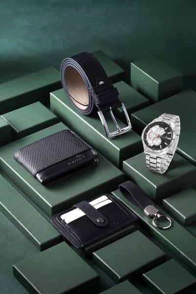 Erkek Kol Saati Kemer Cüzdan Kartlık Anahtarlık Kombin Set Siyah Renk PL-0789E4 PL-0789E4