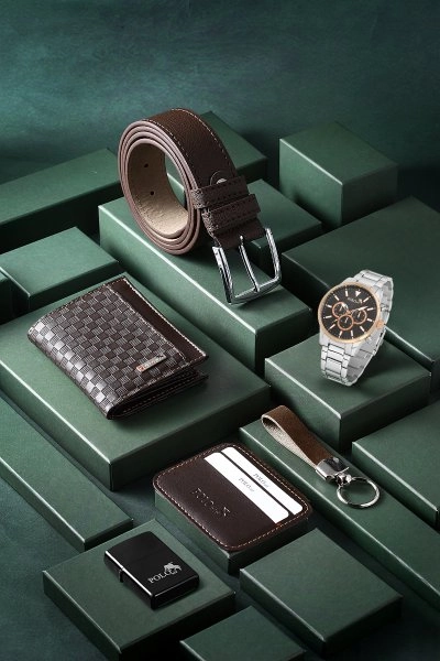 Erkek Kol Saati Kemer Cüzdan Kartlık Çakmak Anahtarlık Kombin Hediyelik Kutusunda Kahverengi Set PL-0792E2