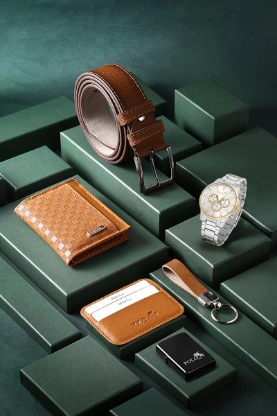 Erkek Kol Saati Kemer Cüzdan Kartlık Çakmak Anahtarlık Kombin Hediyelik Kutusunda Taba Set PL-0792E4