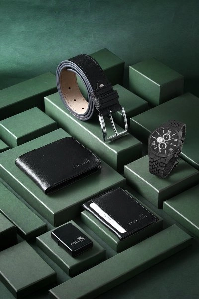 Erkek Kol Saati Kemer Cüzdan Kartlık Çakmak Anahtarlık Siyah Set PL-0784E1 PL-0784E1