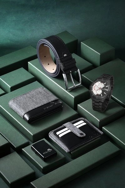 Erkek Kol Saati Kemer Cüzdan Kartlık Çakmak Kombin Set Gri Renk PL-0790E5 PL-0790E5