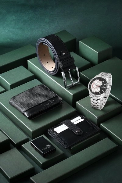 Erkek Kol Saati Kemer Cüzdan Kartlık Çakmak Kombin Set Siyah Renk PL-0790E4 PL-0790E4