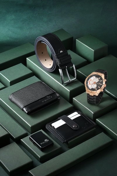 Erkek Kol Saati Kemer Cüzdan Kartlık Çakmak Kombin Set Siyah Renk PL-0790E6 PL-0790E6