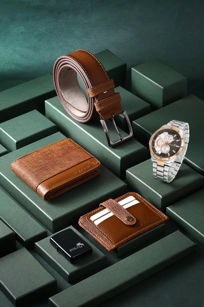 Erkek Kol Saati Kemer Cüzdan Kartlık Çakmak Kombin Set Taba Renk PL-0790E7 PL-0790E7