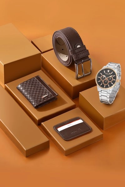Erkek Kol Saati Kemer Cüzdan Kartlık Hediyelik Kutusunda Kombin Kahverengi Renk PL-0791E2 PL-0791E2
