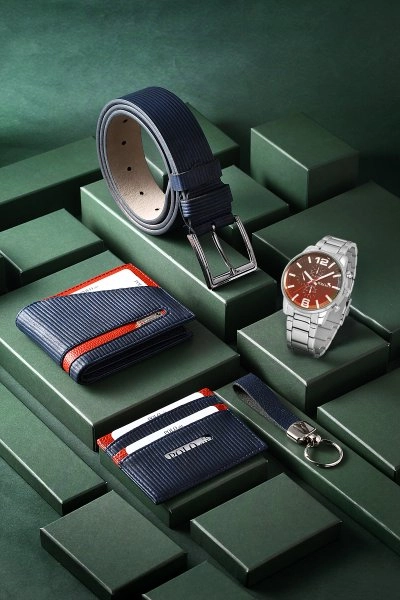 Erkek Kombin Set Kol Saati Cüzdan Kartlık Kemer Anahtarlık Özel Kutusunda Lacivert Set PL-0793E2 PL-0793E2