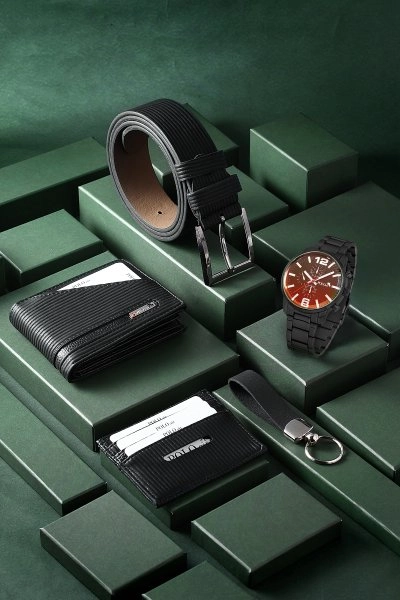 Erkek Kombin Set Kol Saati Cüzdan Kartlık Kemer Anahtarlık Özel Kutusunda Siyah Set PL-0793E1 PL-0793E1