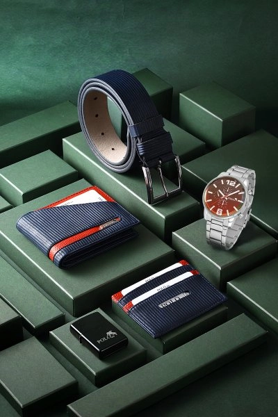 Erkek Kombin Set Kol Saati Cüzdan Kartlık Kemer Çakmak Özel Kutusunda Lacivert Set PL-0794E2 PL-0794E2