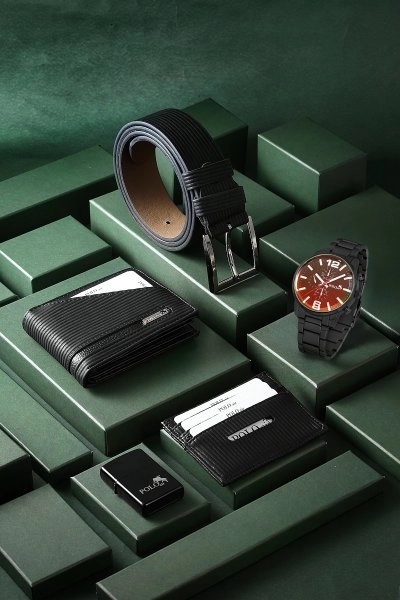 Erkek Kombin Set Kol Saati Cüzdan Kartlık Kemer Çakmak Özel Kutusunda Siyah Set PL-0794E1 PL-0794E1