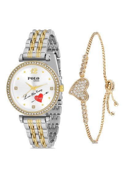 Kadın Kol Saati Love You Everyday Yazılı Ve Zirkon Taşlı Kalpli Kadın Bileklik Kombin PL-1463B4
