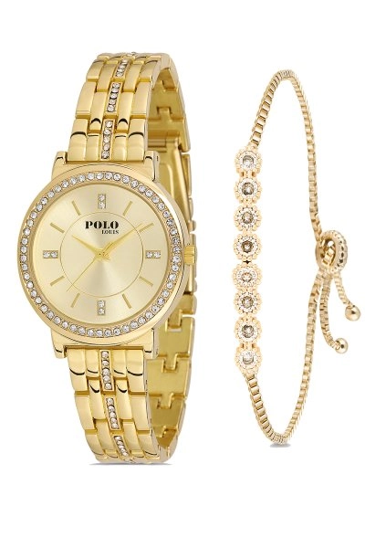 Tek Sıra Taşlı Kadın Kol Saati Ve zirkon Taşlı Su Yolu Bileklik Sarı Renk PL-1464B1
