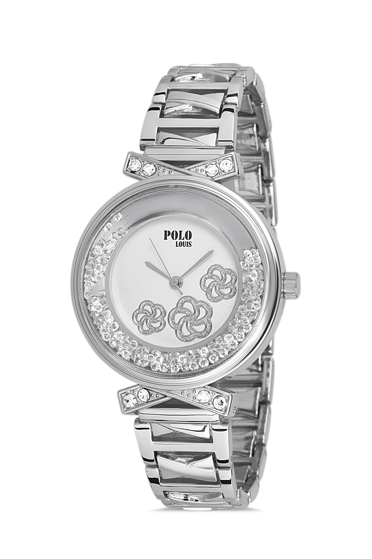 Polo Louis Çiçek Desenli Kadın Kol Saati Ve Zirkon Taşlı 5 Taş Bileklik Kombin Gümüş Renk PL-1473B2