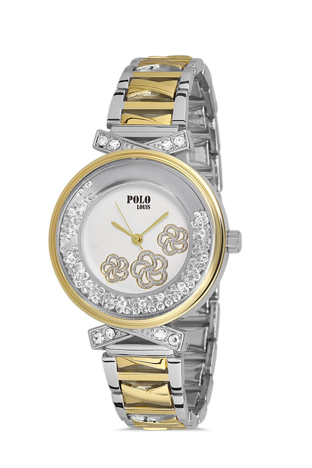 Polo Louis Spor Şık Çiçek Desenli Hareketli Taş Kadın Kol Saati Gümüş Altın Renk PL-1473B3x