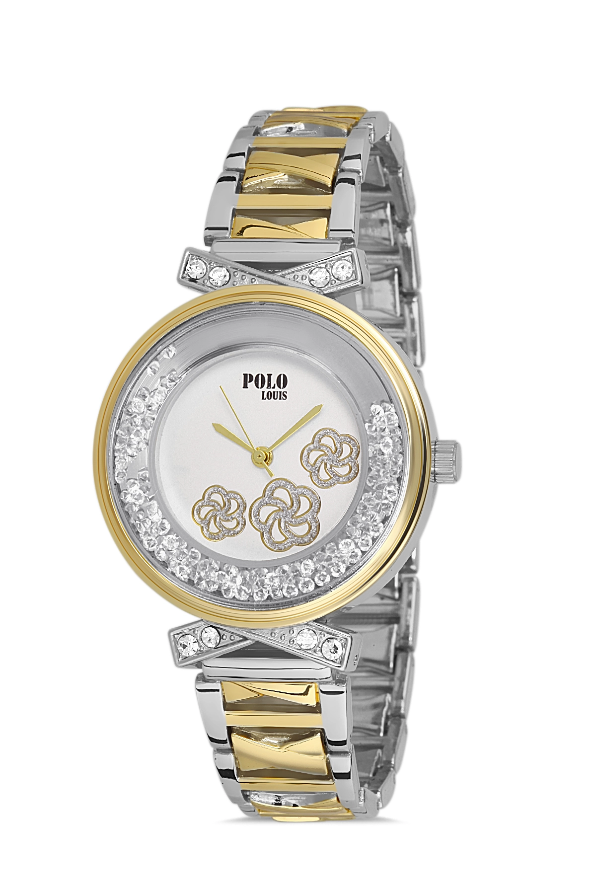 Polo Louis Spor Şık Çiçek Desenli Hareketli Taş Kadın Kol Saati Gümüş Altın Renk PL-1473B3x
