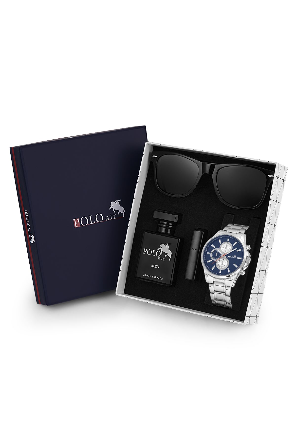 Erkek Hediye Seti Takvim Özellikli Saat Gözlük Parfüm Çakmak Hediyelik Kutusunda Mavi-Gümüş Renk PL-0816E2