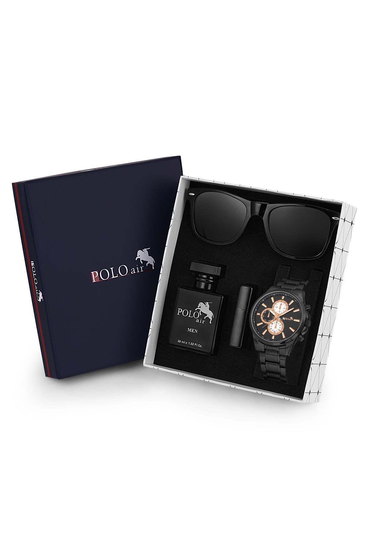 Erkek Hediye Seti Takvim Özellikli Saat Gözlük Parfüm Çakmak Hediyelik Kutusunda Siyah-İçi Bakır PL-0816E6