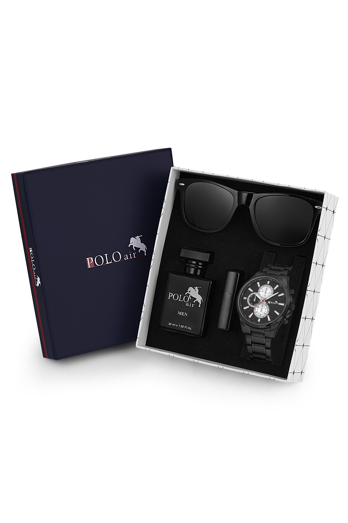 Erkek Hediye Seti Takvim Özellikli Saat Gözlük Parfüm Çakmak Hediyelik Kutusunda Siyah Renk PL-0816E1