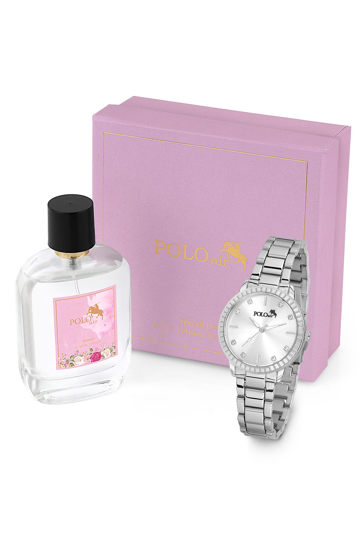 Lüx Taşlı Kadın Kol Saati Parfüm Hediyelik Kombin Set Gümüş Renk ST-2098S2