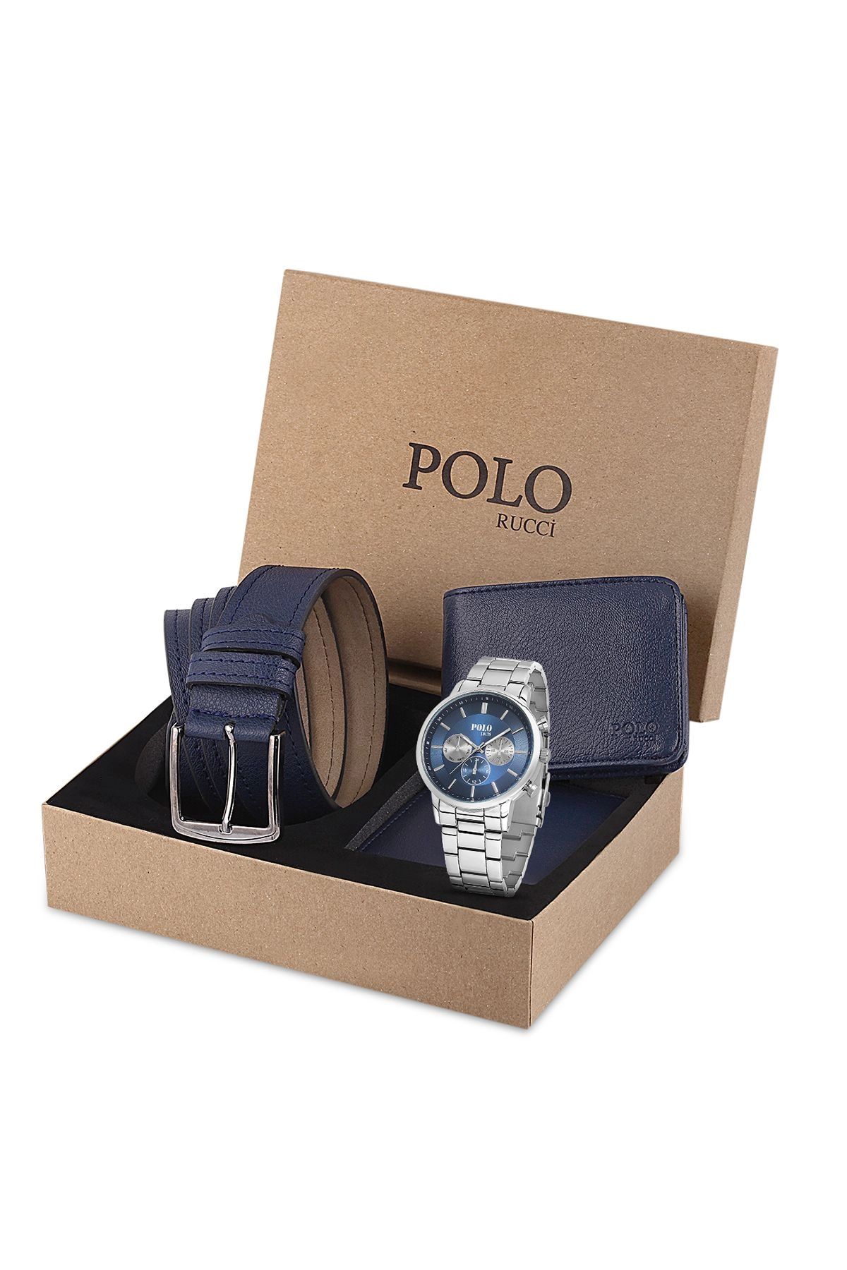 Polo Rucci Erkek Set Kombin Kol Saati Kemer Cüzdan Gümüş İçi Lacivert Renk PL-0804E1