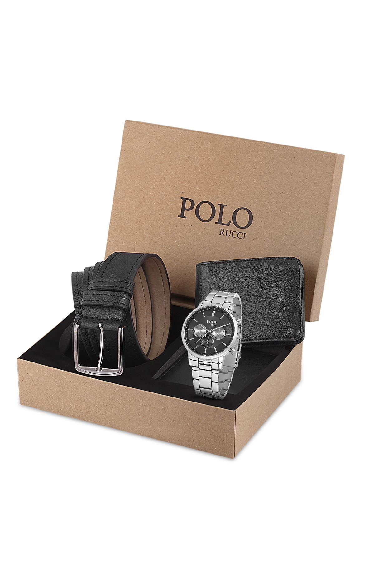 Polo Rucci Erkek Set Kombin Kol Saati Kemer Cüzdan Gümüş İçi Siyah Renk PL-0804E2
