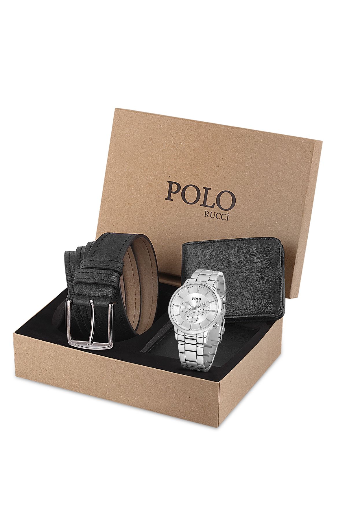 Polo Rucci Erkek Set Kombin Kol Saati Kemer Cüzdan Gümüş Renk PL-0804E4