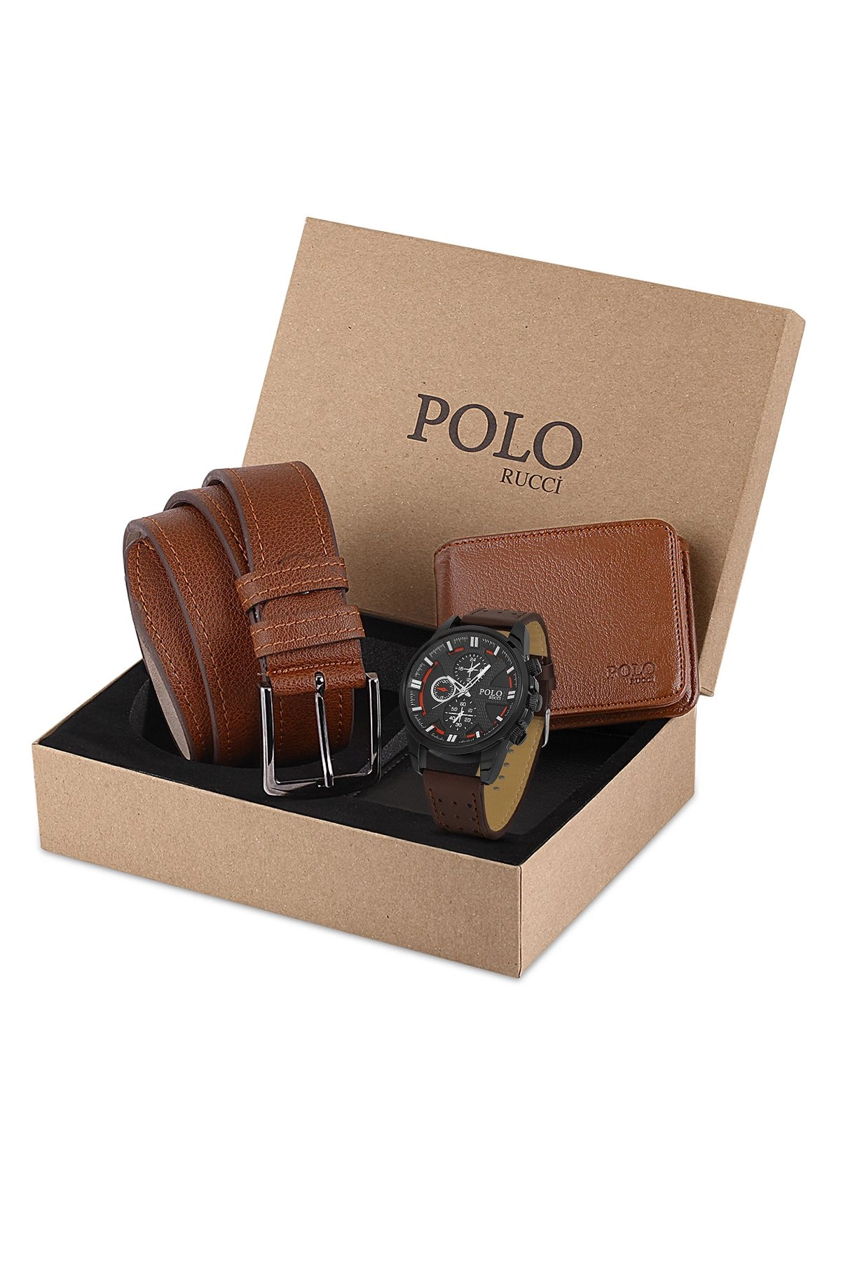 Polo Rucci Erkek Set Kombin Kol Saati Kemer Cüzdan Kahverengi PL-0801E1