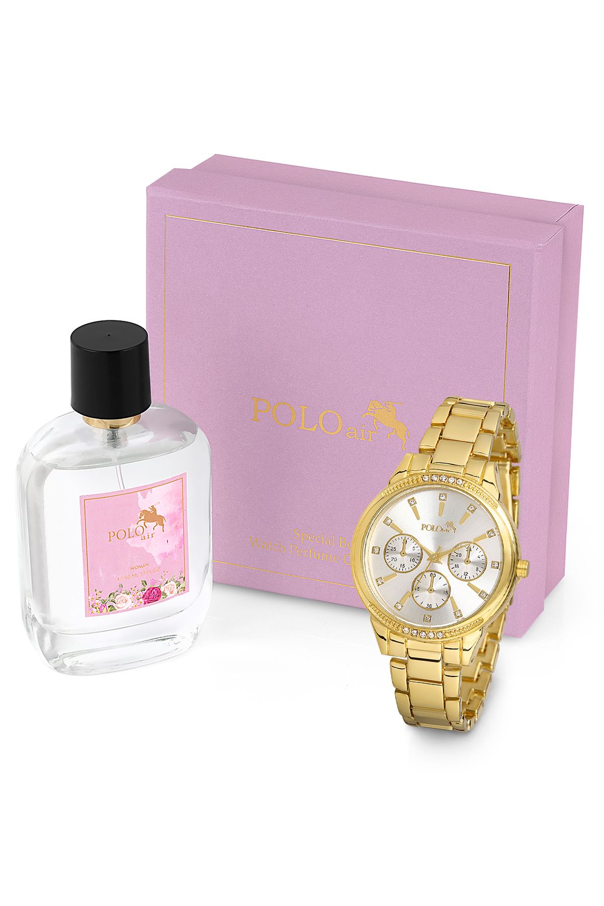 Şık Kadın Kol Saati Parfüm Hediyelik Kombin Set Altın Renk ST-2093S1