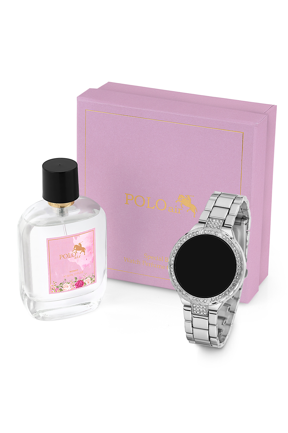 Tek Sıra Taşlı Dokunmatik Led Kadın Kol Saati Parfüm Hediyelik Kombin Set Gümüş Renk ST-2097S1