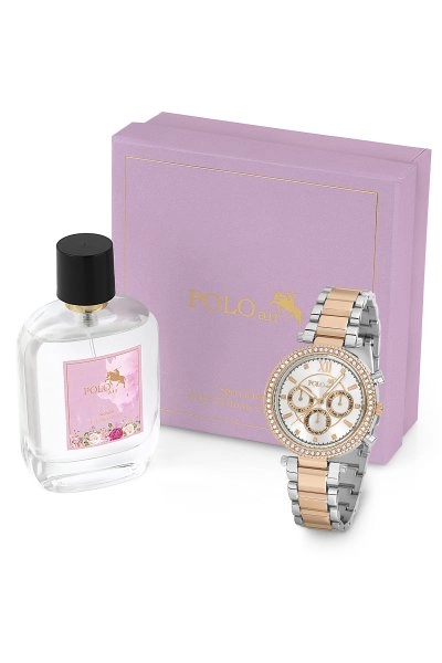 Polo Air Lüx Taşlı Kadın Kol Saati Parfüm Hediyelik Kombin Set Gümüş-Bakır Renk ST-2091S5