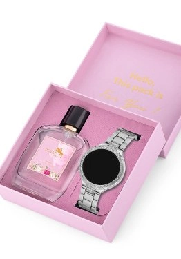 Tek Sıra Taşlı Dokunmatik Led Kadın Kol Saati Parfüm Hediyelik Kombin Set Gümüş Renk ST-2097S1