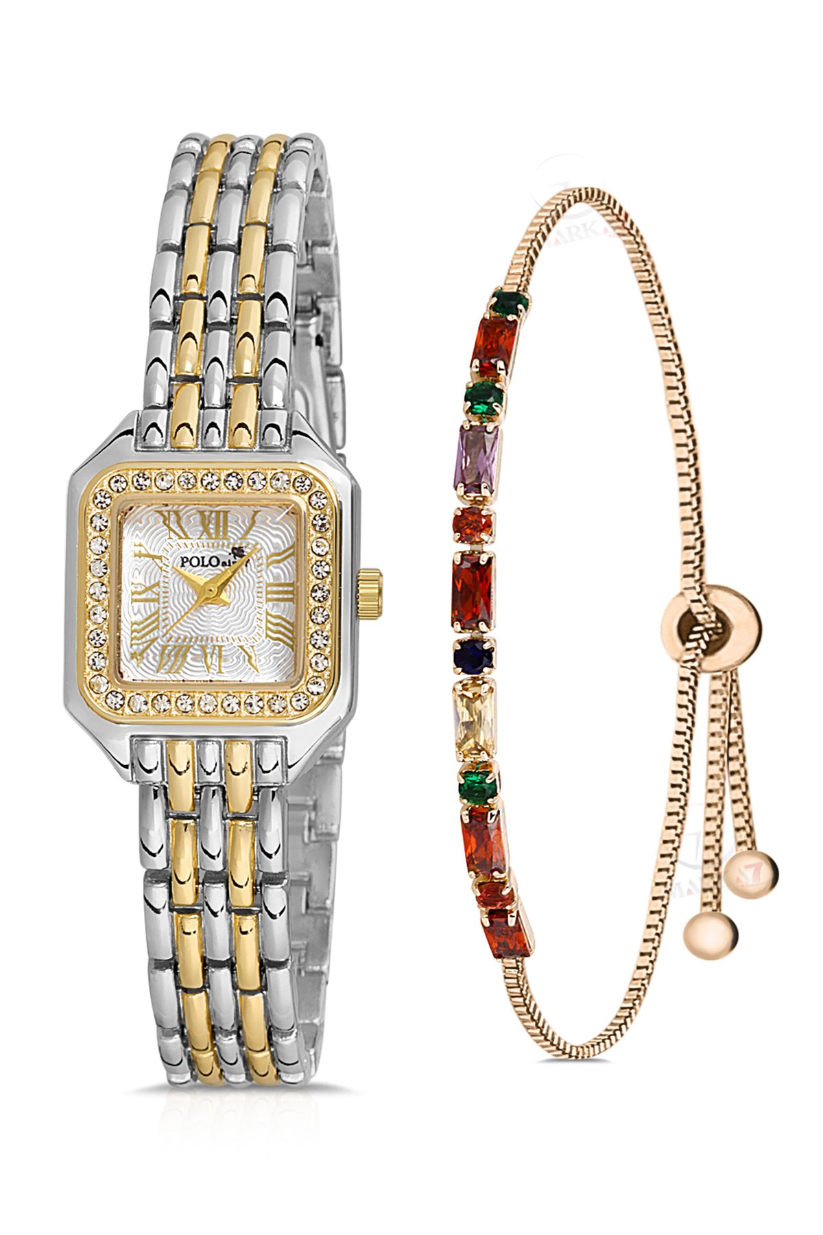Romen Rakamlı Vintage Kadın Kol Saati Ve Zirkon Renkli Taşlı Bileklik Hediye Karışık Pl-1475B3 Gümüşe Gold Pl-1475B3