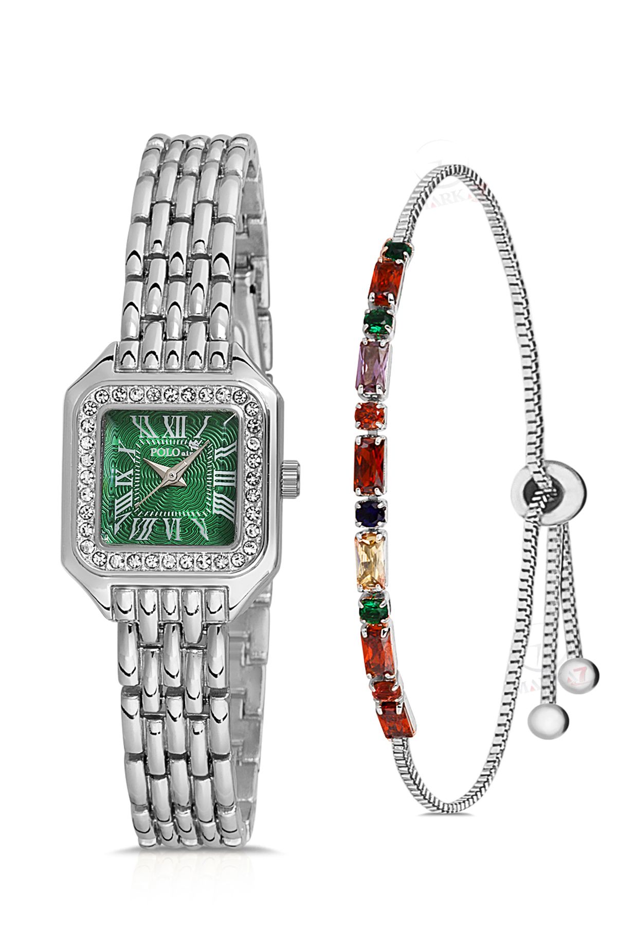 Romen Rakamlı Vintage Kadın Kol Saati Ve Zirkon Renkli Taşlı Bileklik Hediye Yeşil Pl-1475B4 Gümüş İçi Yeşil Pl-1475B4