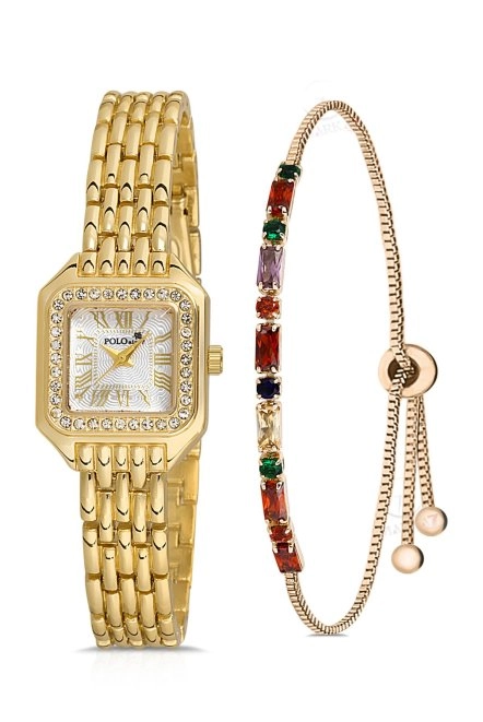 Romen Rakamlı Vintage Kadın Kol Saati Ve Zirkon Taşlı  Bileklik Hediyeli Sarı Pl-1475B1 Altın Pl-1475B1